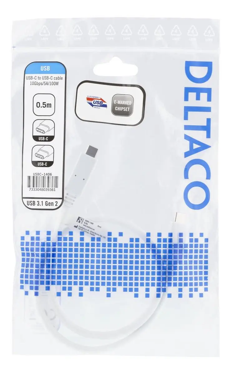 Deltaco USBC-1406 USB-C Kabel 10Gbps 100W 50cm - Wit