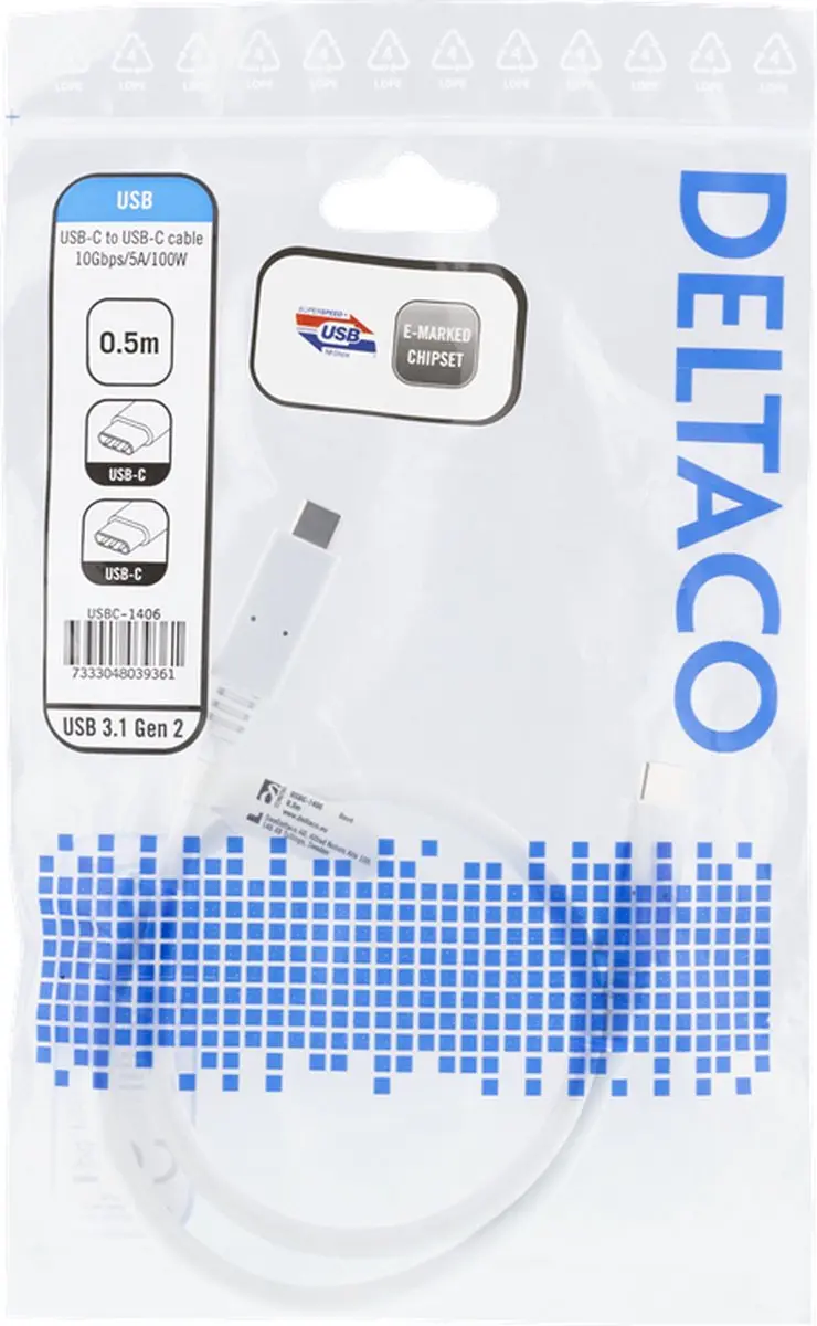 Deltaco USBC-1406 USB-C Kabel 10Gbps 100W 50cm - Wit