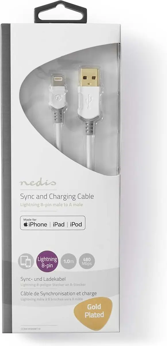 Nedis Lightning Kabel USB-A 8-Pins 1m - Verguld - Grijs/Wit