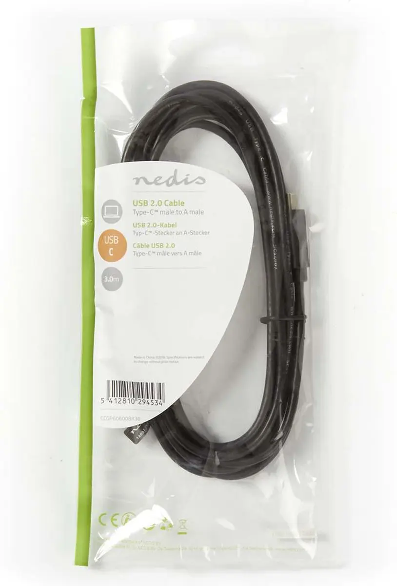 Nedis USB 2.0 USB-A naar USB-C Kabel 15W 480Mbps 3m - Zwart