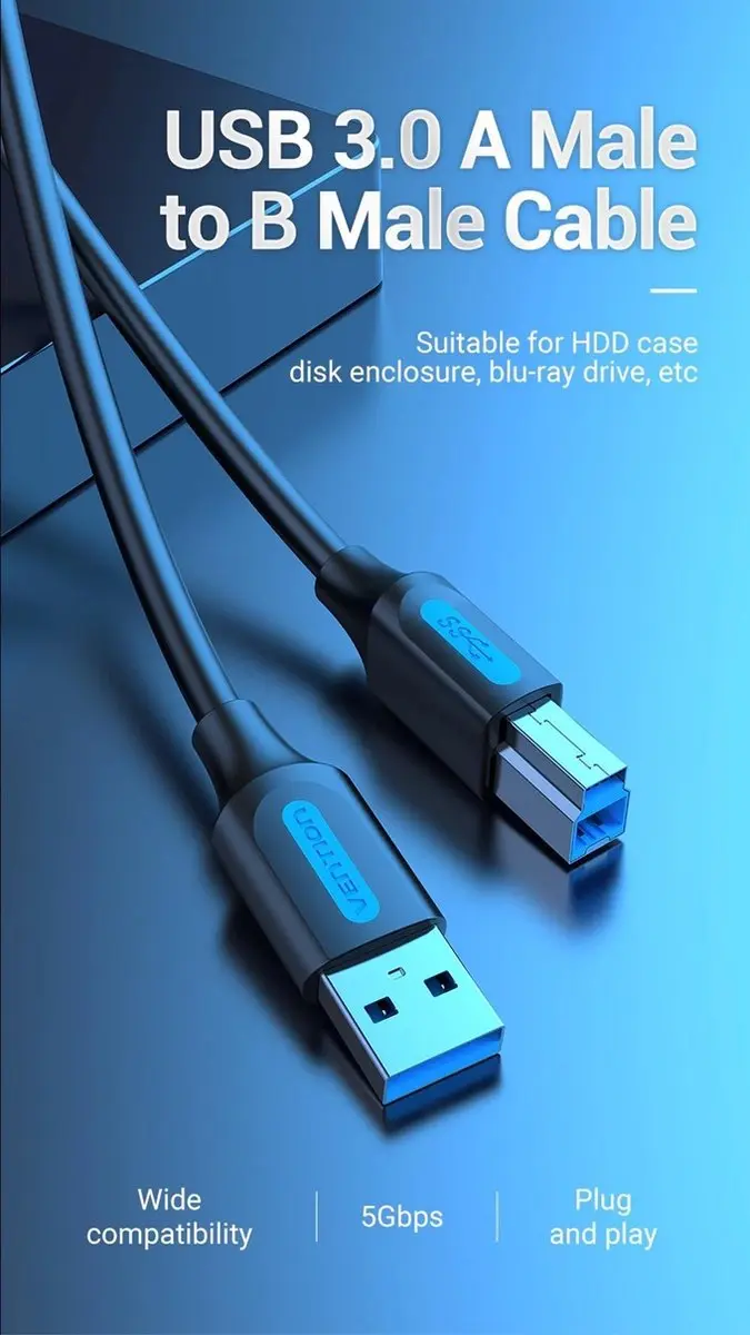 Vention USB A naar USB B Kabel 1m - Zwart
