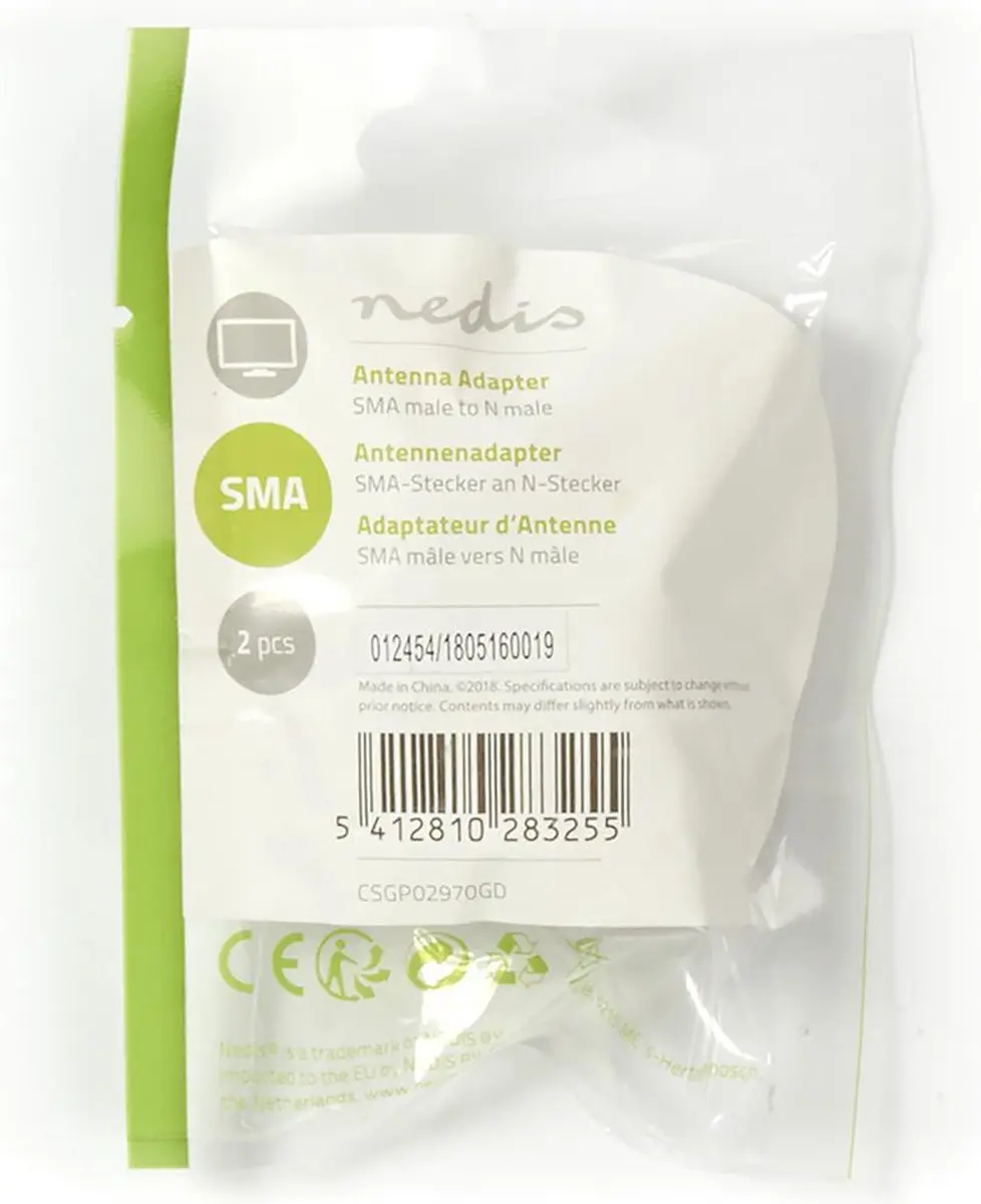 Nedis SMA Male Verguld Adapter 50 Ohm - 2 Stuks