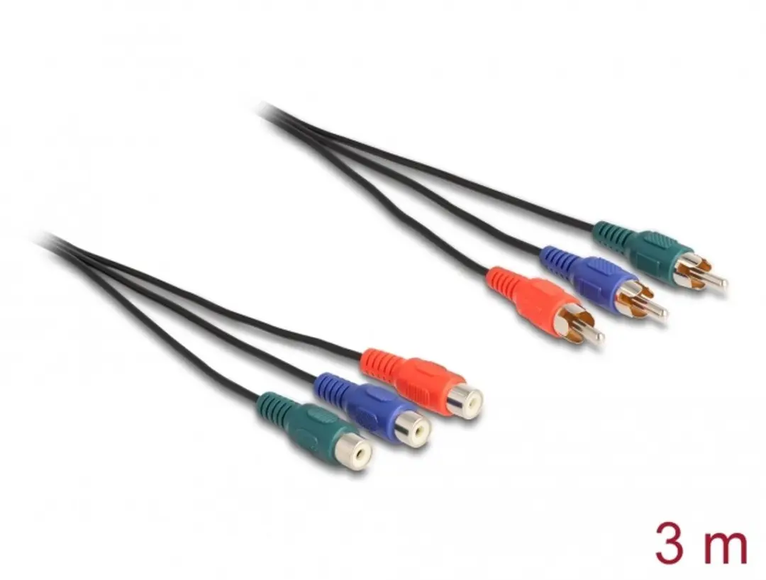 Delock RCA RGB Extensiekabel 3m - 3x Male naar 3x Female - Zwart