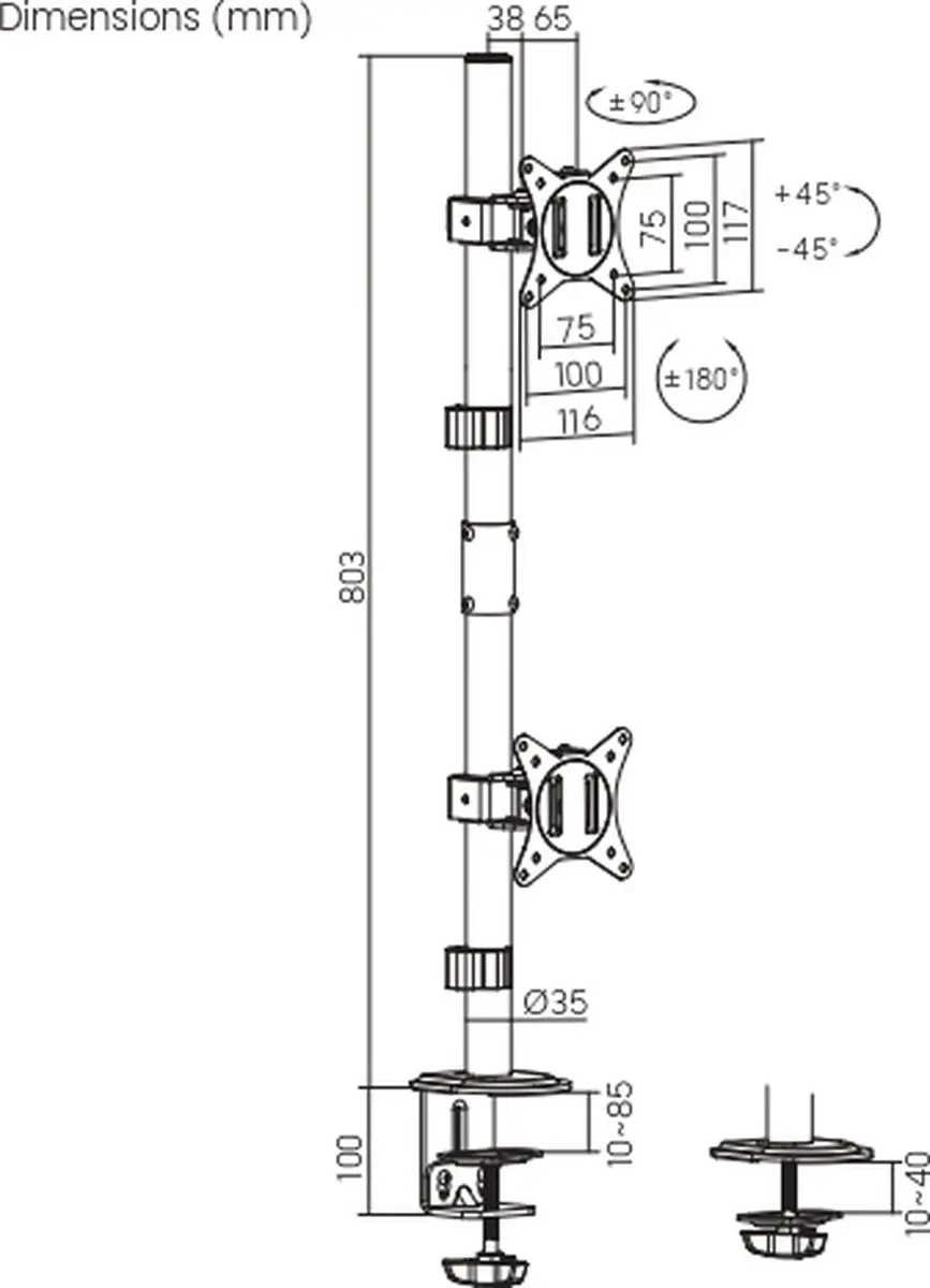 NÖRDIC ARM-250 Monitorarm 2 Schermen - 17-32" - Zwart