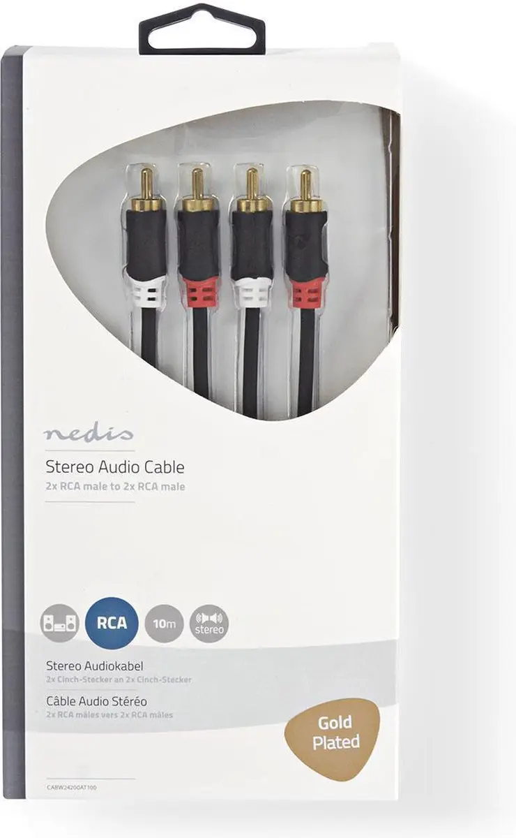 Nedis CABW24200AT100 Stereo-Audiokabel - 2x RCA Male - 10m - Verguld - Antraciet