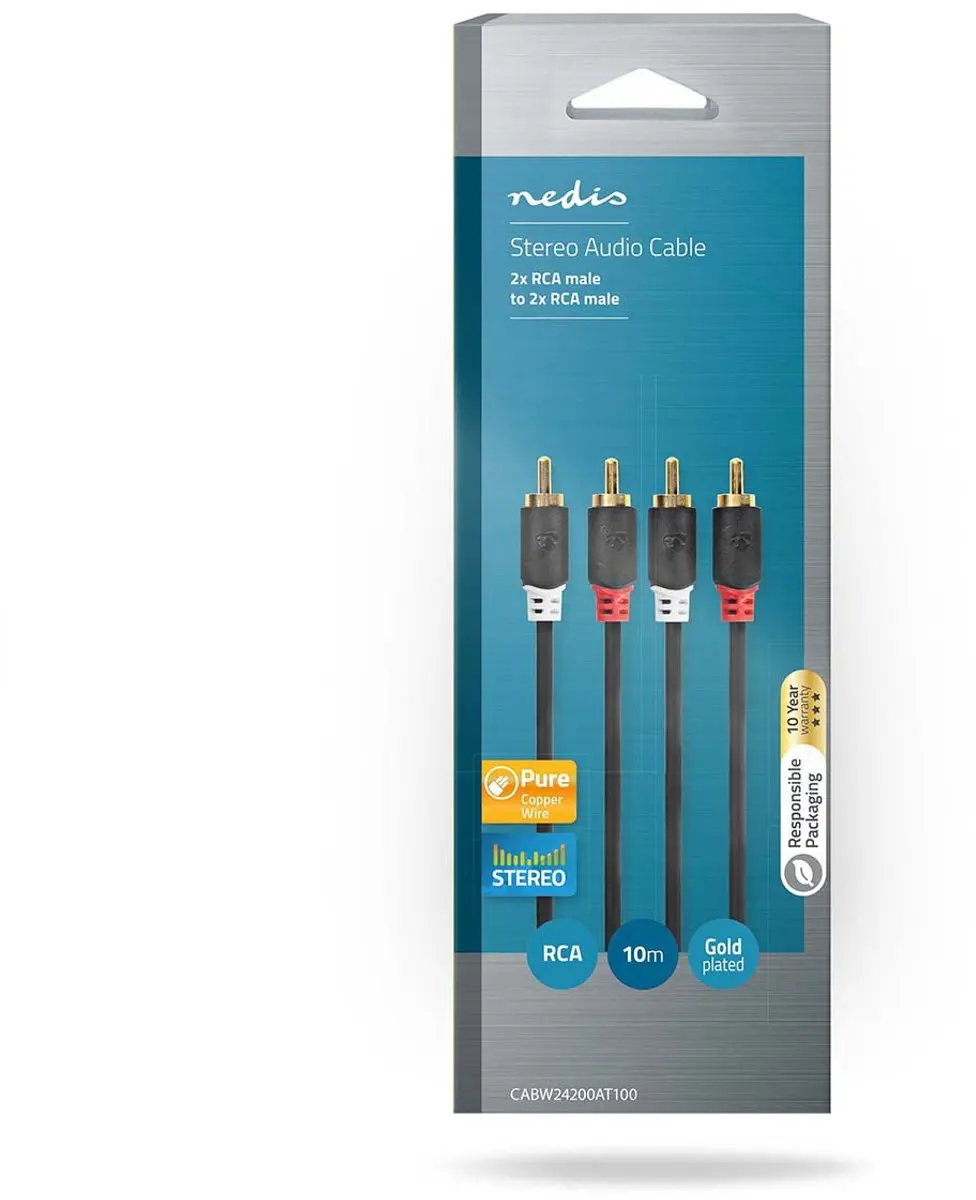 Nedis CABW24200AT100 Stereo-Audiokabel - 2x RCA Male - 10m - Verguld - Antraciet