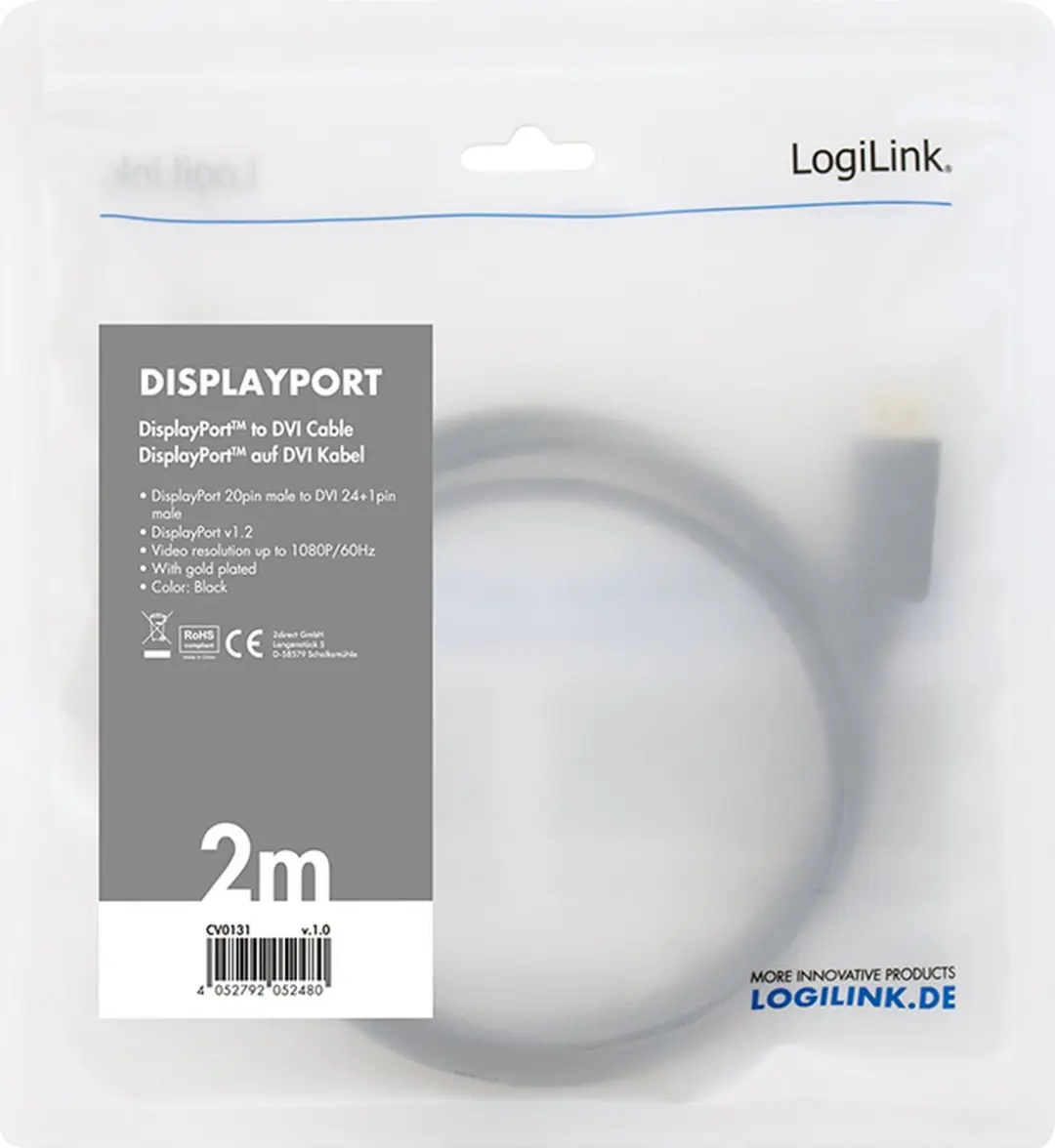 Logilink CV0130 DisplayPort naar DVI Adapter - 1m - Zwart