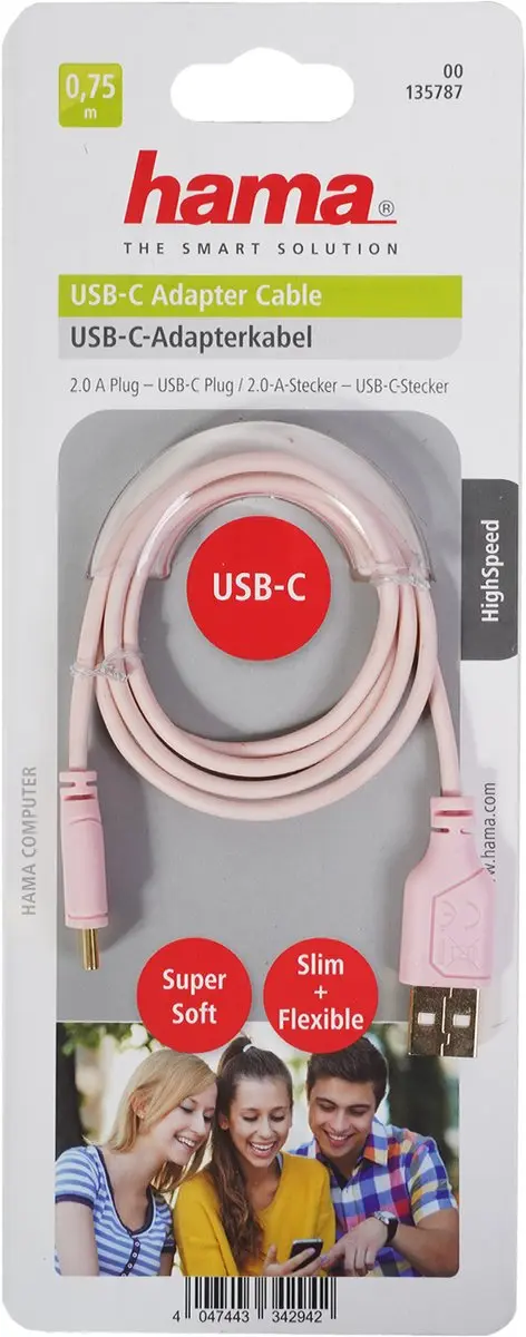 Hama USB2.0-C/USB2.0-A Kabel 0,75m - Roze - afbeelding 6 van 6