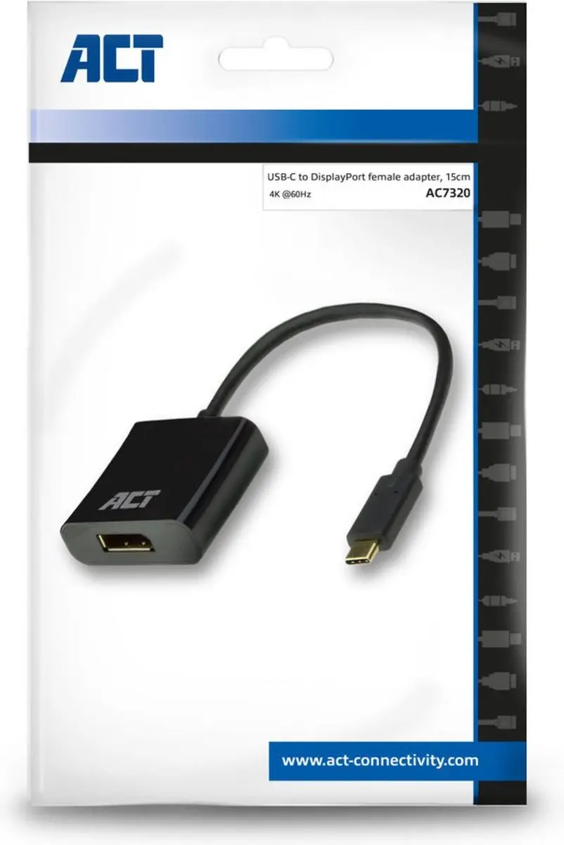 ACT AC7320 USB-C naar DisplayPort Kabel 4K@60Hz - 15cm - Zwart - afbeelding 6 van 6