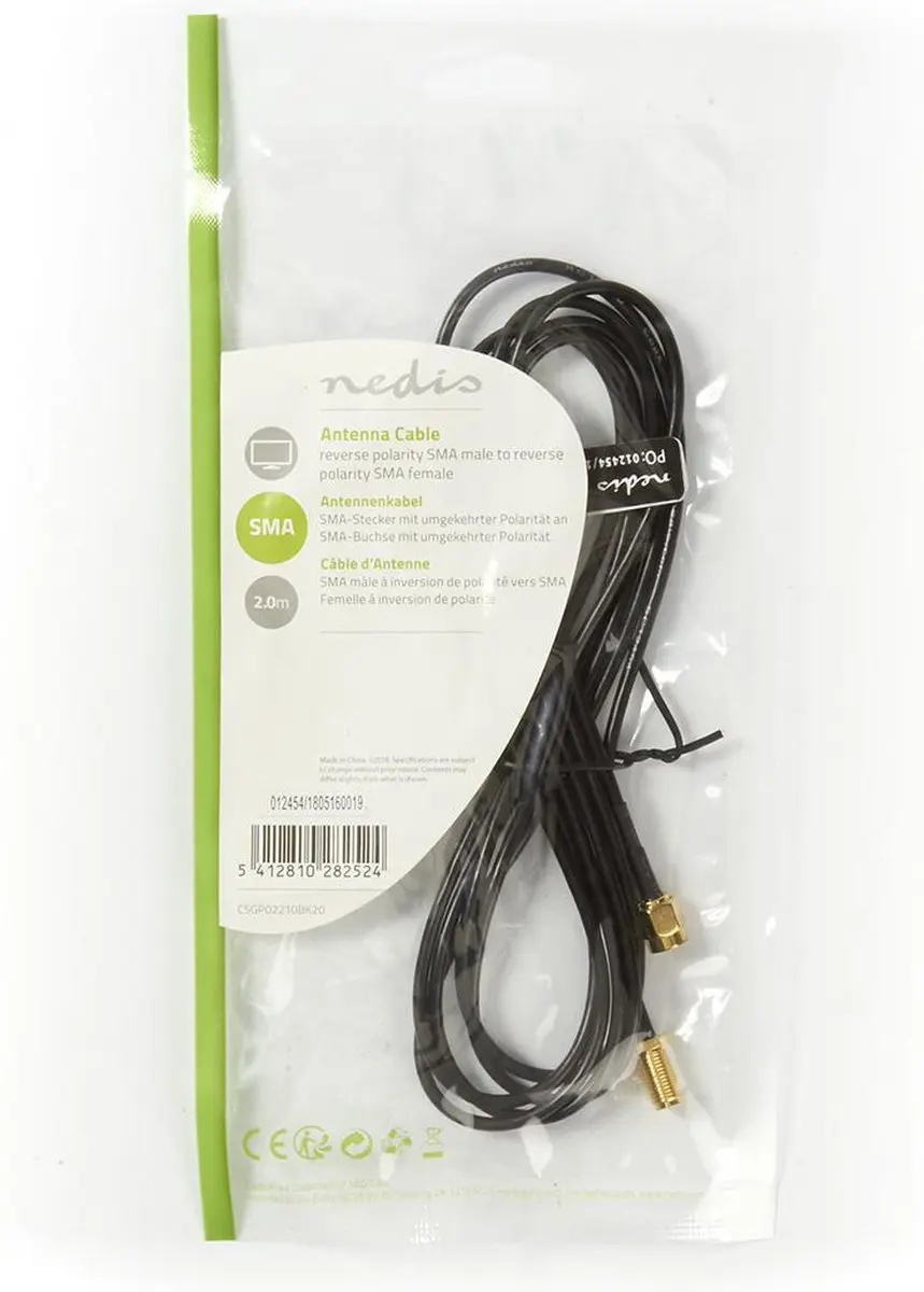 Nedis Antennekabel RP-SMA Male naar Female 2m - Verguld - 50 Ohm