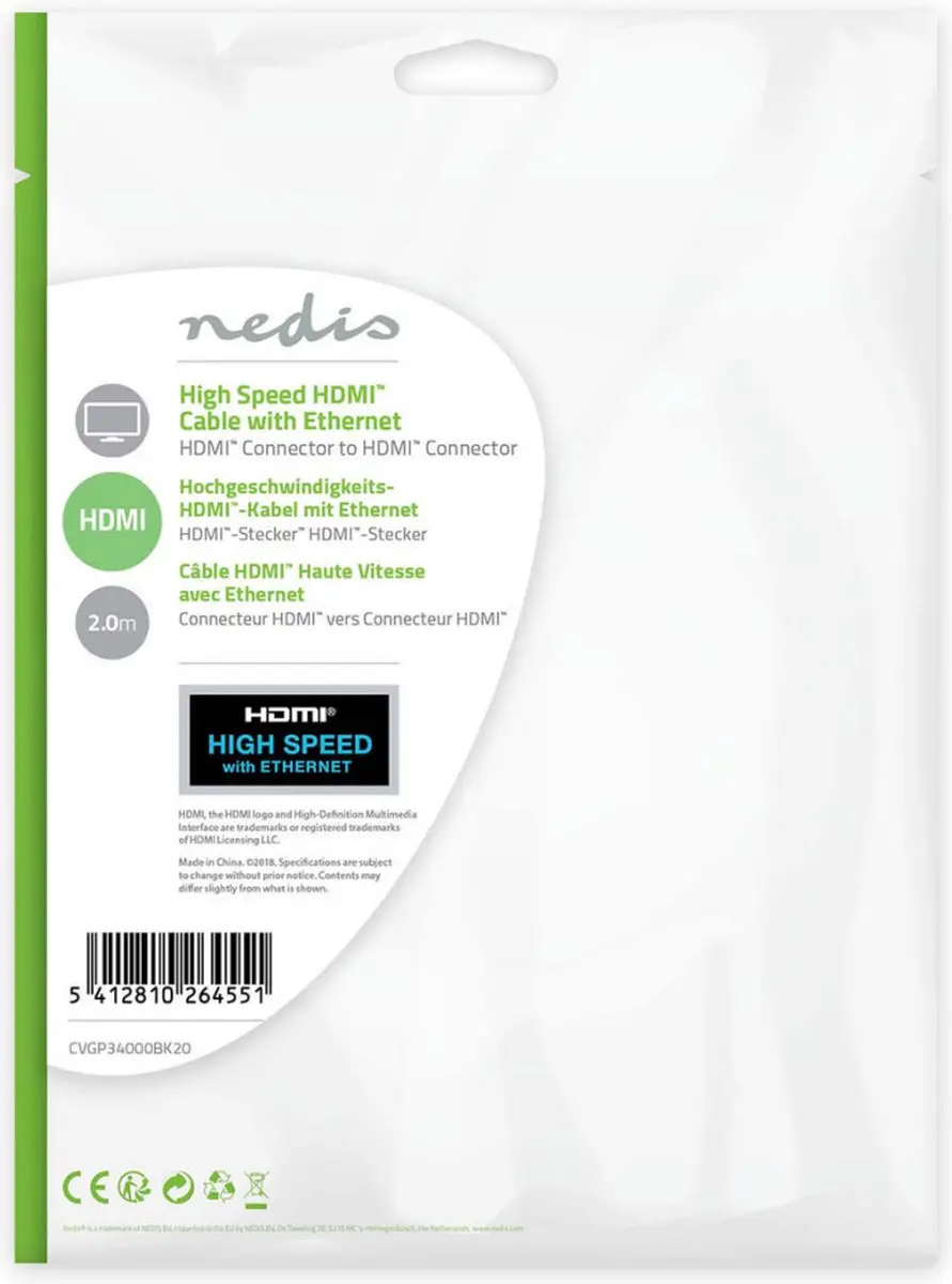 Nedis HDMI-Kabel CVGT34000BK20 4K@30Hz - 2m - Zwart - afbeelding 6 van 6