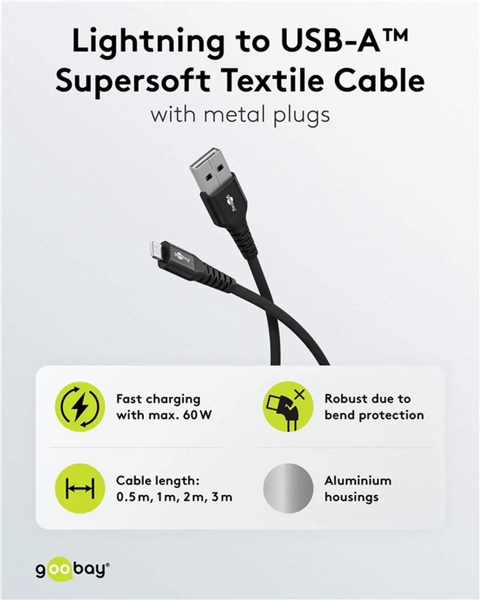 Goobay Lightning USB-A Kabel 60W 0,5m - Zwart