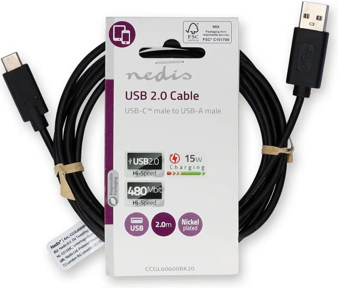 Nedis USB 2.0 USB-A naar USB-C Kabel 15W 2m - Zwart