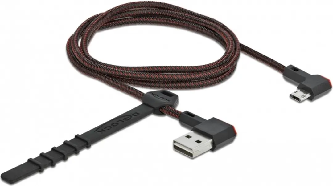 Delock Easy-USB-A Kabel USB2.0 1m - Nylon - 10W - Haaks Links/Rechts - Zwart/Rood
