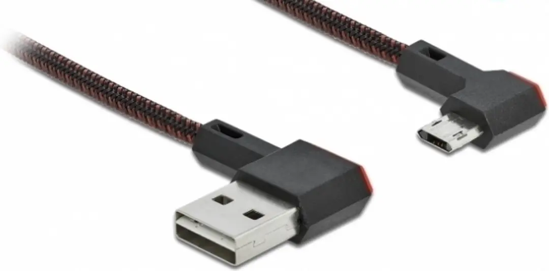 Delock Easy-USB-A Kabel USB2.0 1m - Nylon - 10W - Haaks Links/Rechts - Zwart/Rood