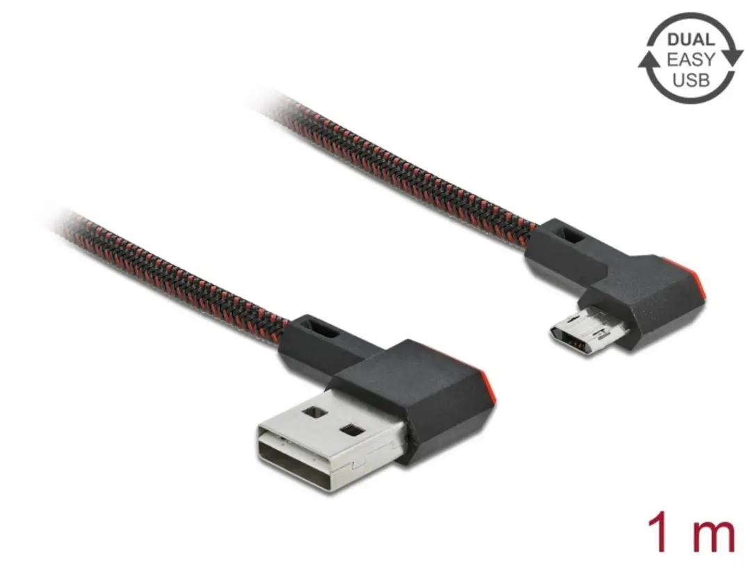 Delock Easy-USB-A Kabel USB2.0 1m - Nylon - 10W - Haaks Links/Rechts - Zwart/Rood