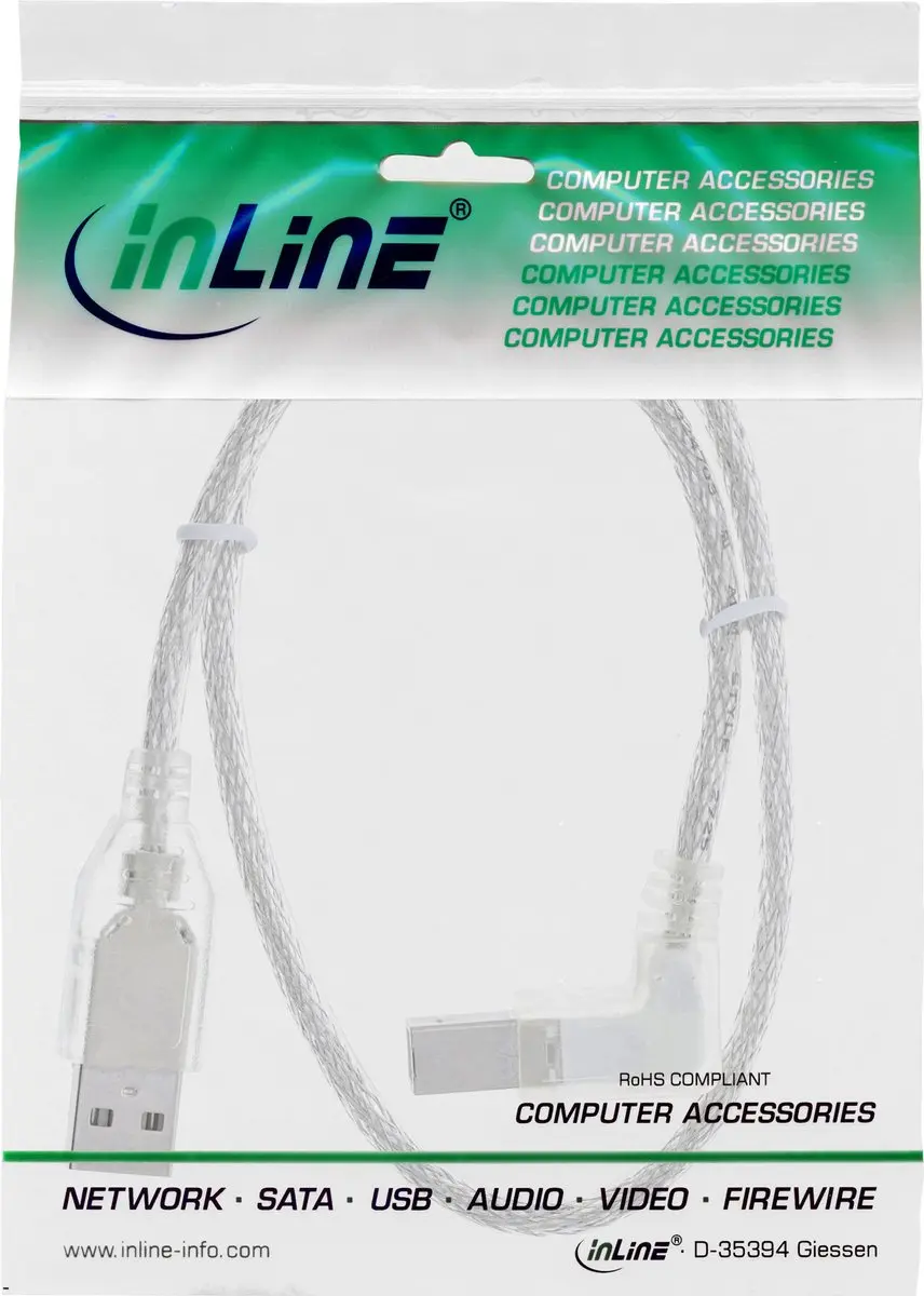 InLine USB naar USB-B Haaks Kabel 2.0 - 3m - Transparant