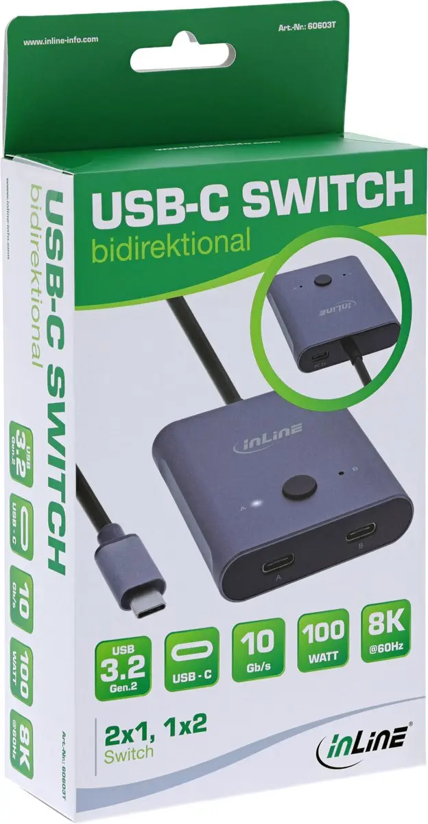 InLine USB-C Switch Bidirectioneel 10Gb/s 100W - Grijs