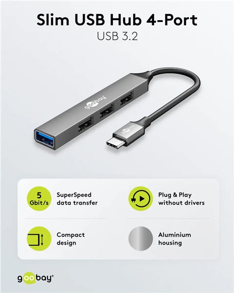 Goobay USB-C Hub 4x USB-A - Aluminium - 10cm - Grijs