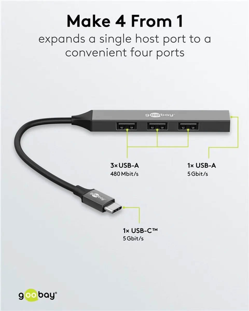 Goobay USB-C Hub 4x USB-A - Aluminium - 10cm - Grijs