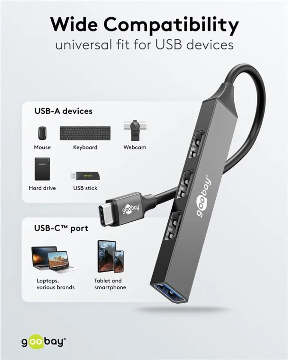 Goobay USB-C Hub 4x USB-A - Aluminium - 10cm - Grijs