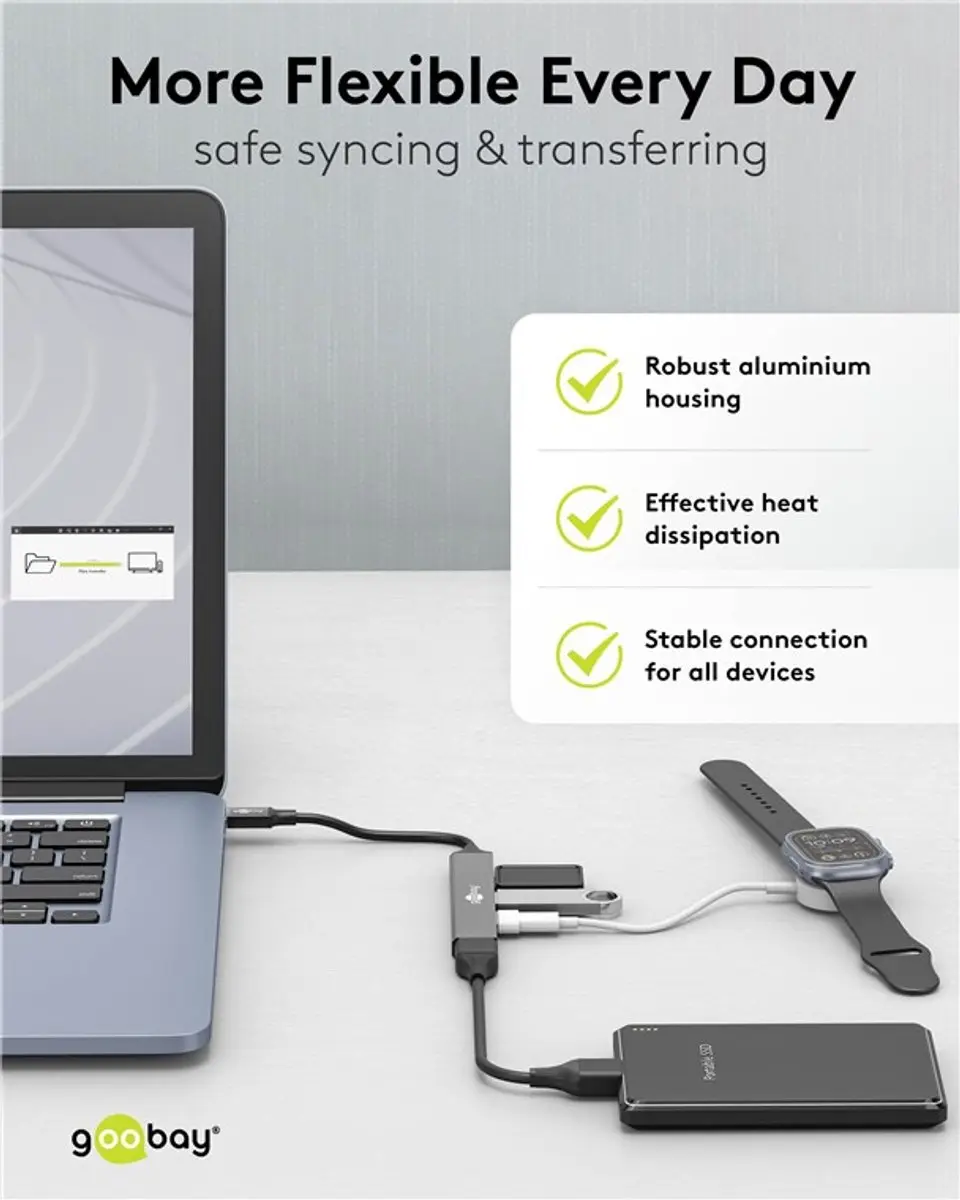 Goobay USB-C Hub 4x USB-A - Aluminium - 10cm - Grijs