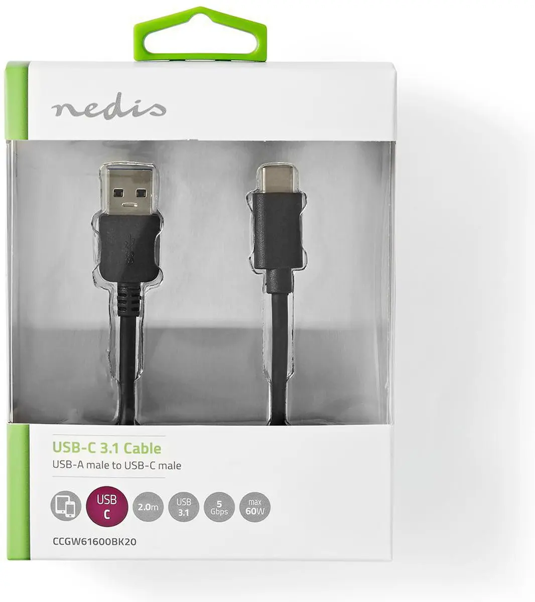 Nedis USB 3.2 Gen 1 USB-A naar USB-C Kabel 60W 2m - Zwart