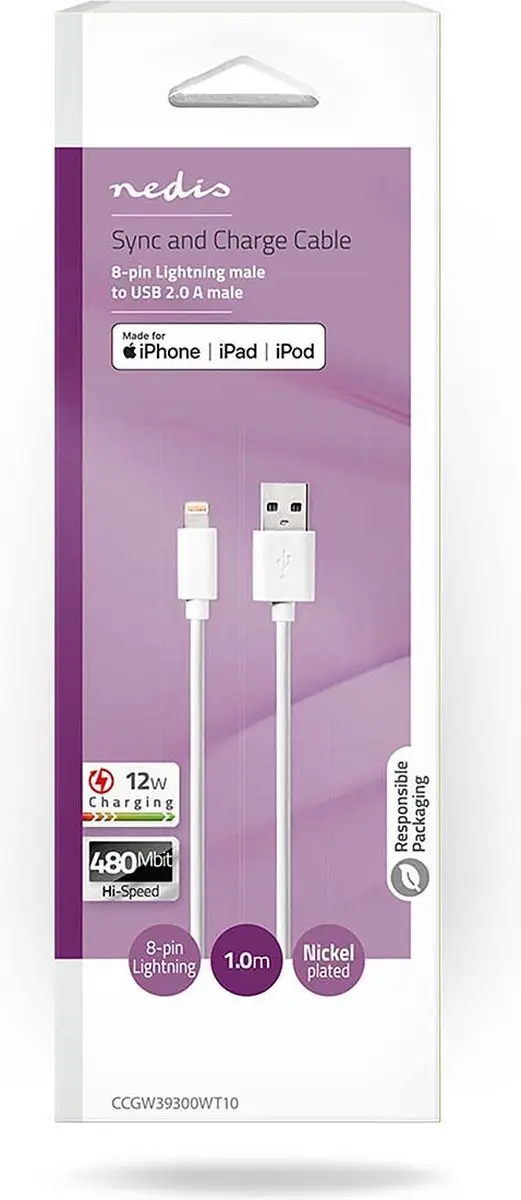 Nedis Lightning Kabel USB-A 1m - Wit