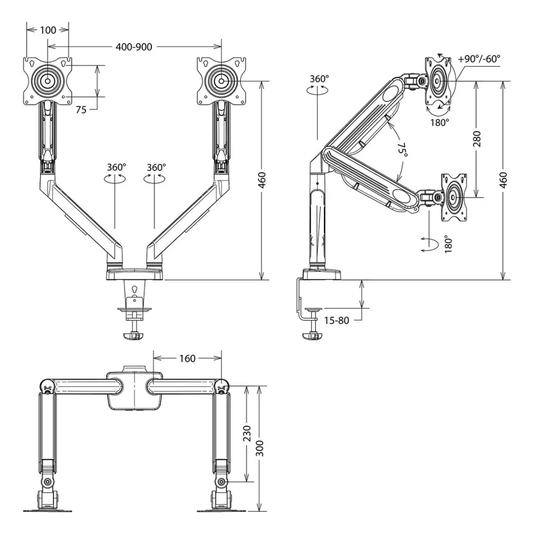 Nedis MMDOSGS110BK Monitorbeugel 2 schermen 15-32" - 75x75/100x100mm - Zwart - afbeelding 6 van 6