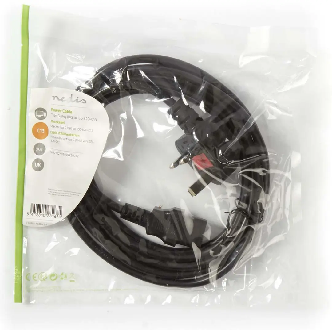 Nedis Stroomkabel CEGP11100BK30 - UK Male IEC-C13 - 3m - Gehoekt - Zwart