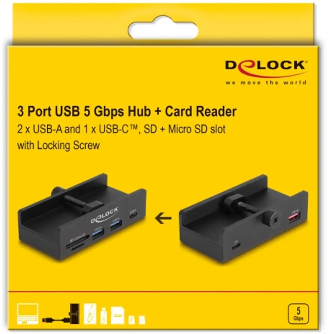 Delock 64263 USB 5Gbps Hub - 2x USB-A 1x USB-C SD/MicroSD - Zwart