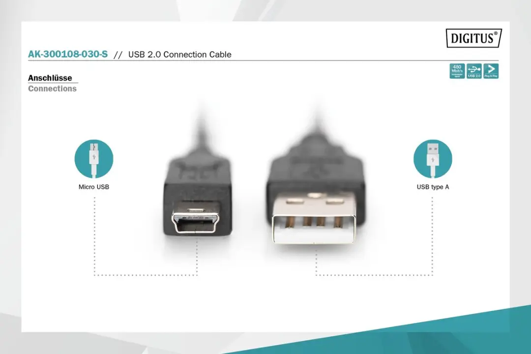 Digitus USB naar Mini USB Kabel AK-300108-030-S - 3m - Zwart