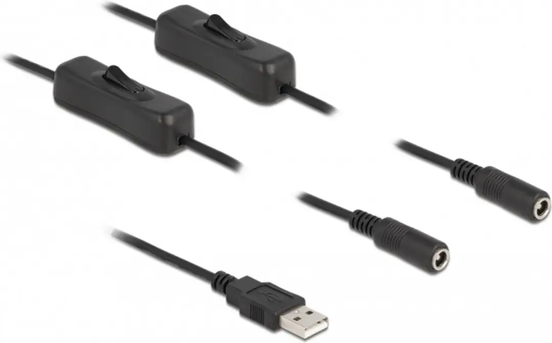 Delock USB-A DC Splitter 2x 5,5x2,1mm - 5V/3A - 1m - Zwart