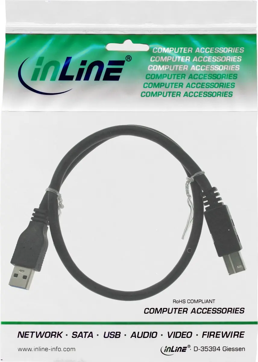 InLine USB-A naar USB-B Kabel USB3.0 - 0,3m - 2A - Zwart