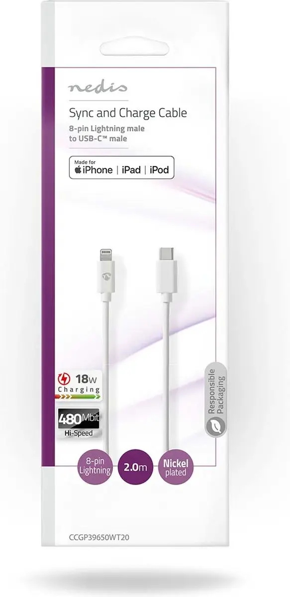 Nedis Lightning Kabel USB-C 2.0 2m - Wit