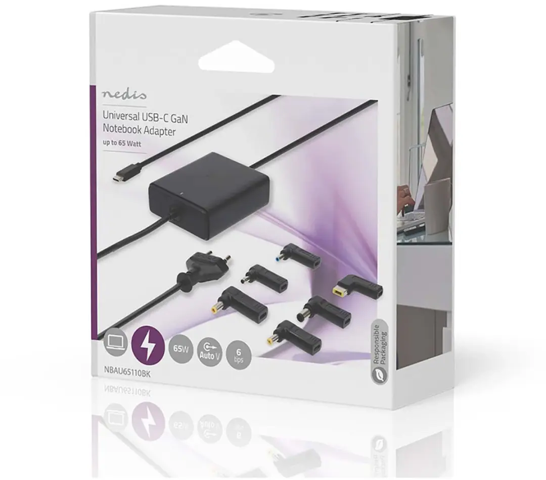 Nedis GaN NBAU65110BK Notebookadapter 65W - Zwart