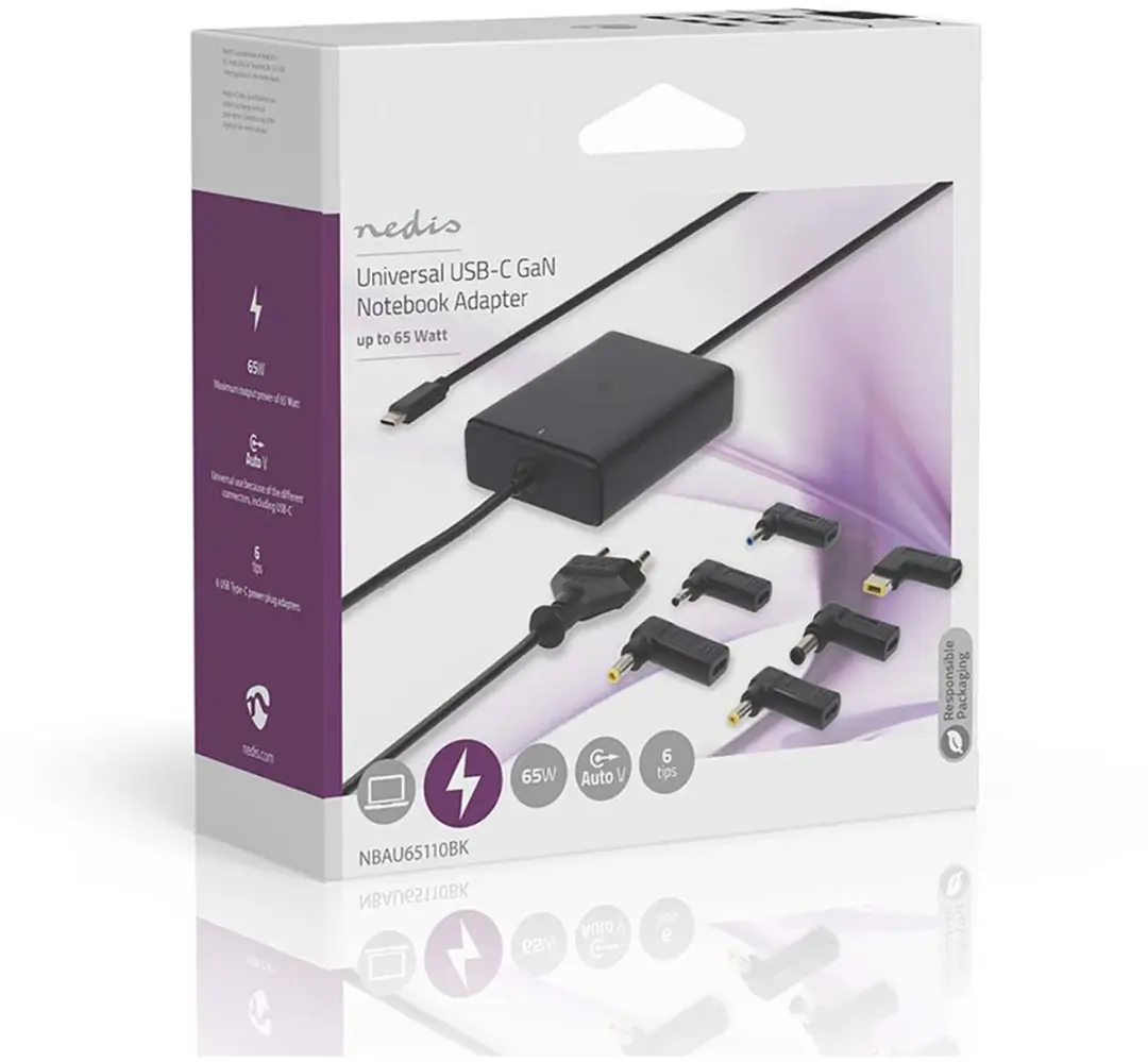 Nedis GaN NBAU65110BK Notebookadapter 65W - Zwart