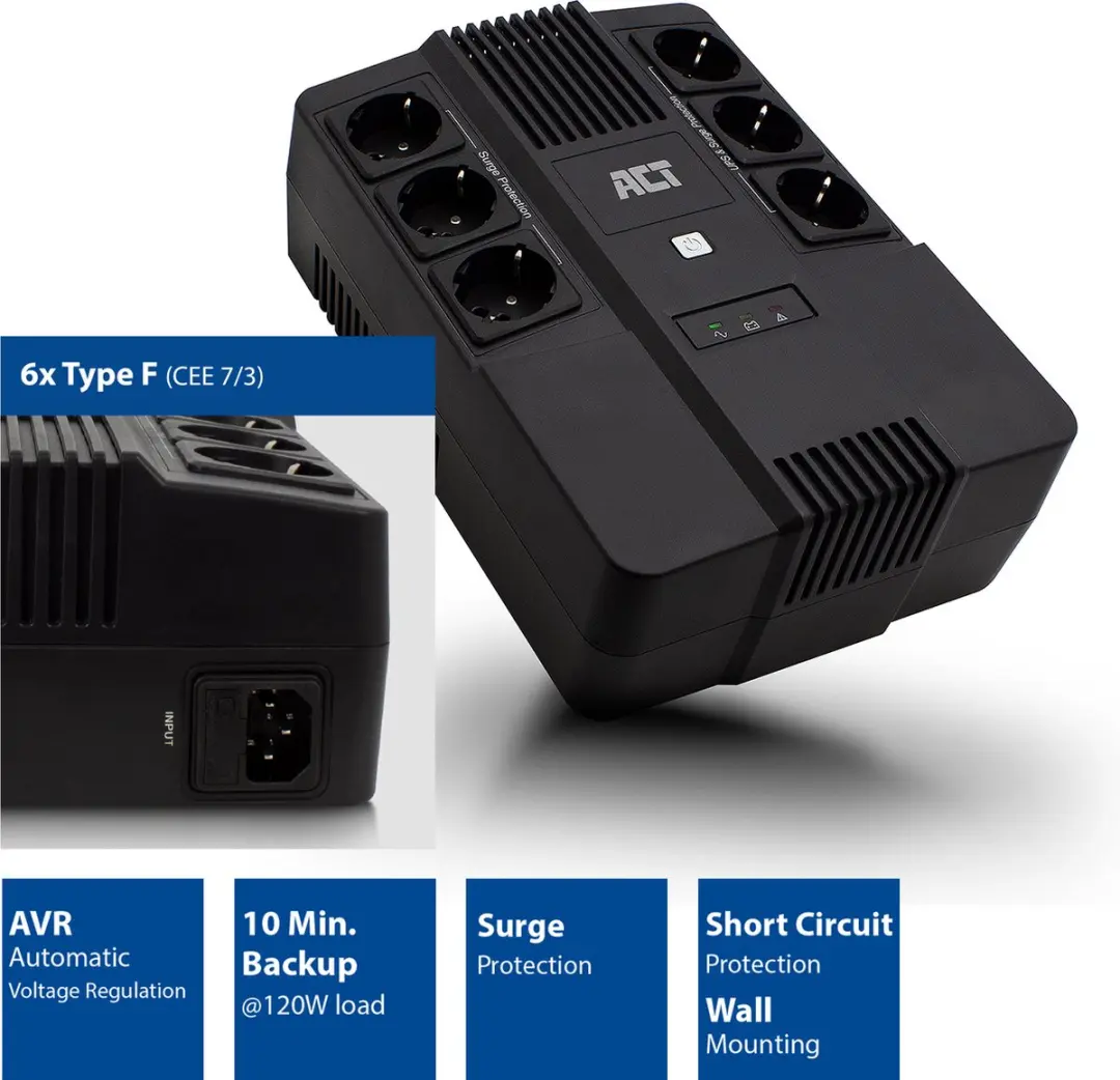 ACT UPS Noodstroom AC2300 600VA/360W - 6x Stopcontact - Line Interactive - Zwart