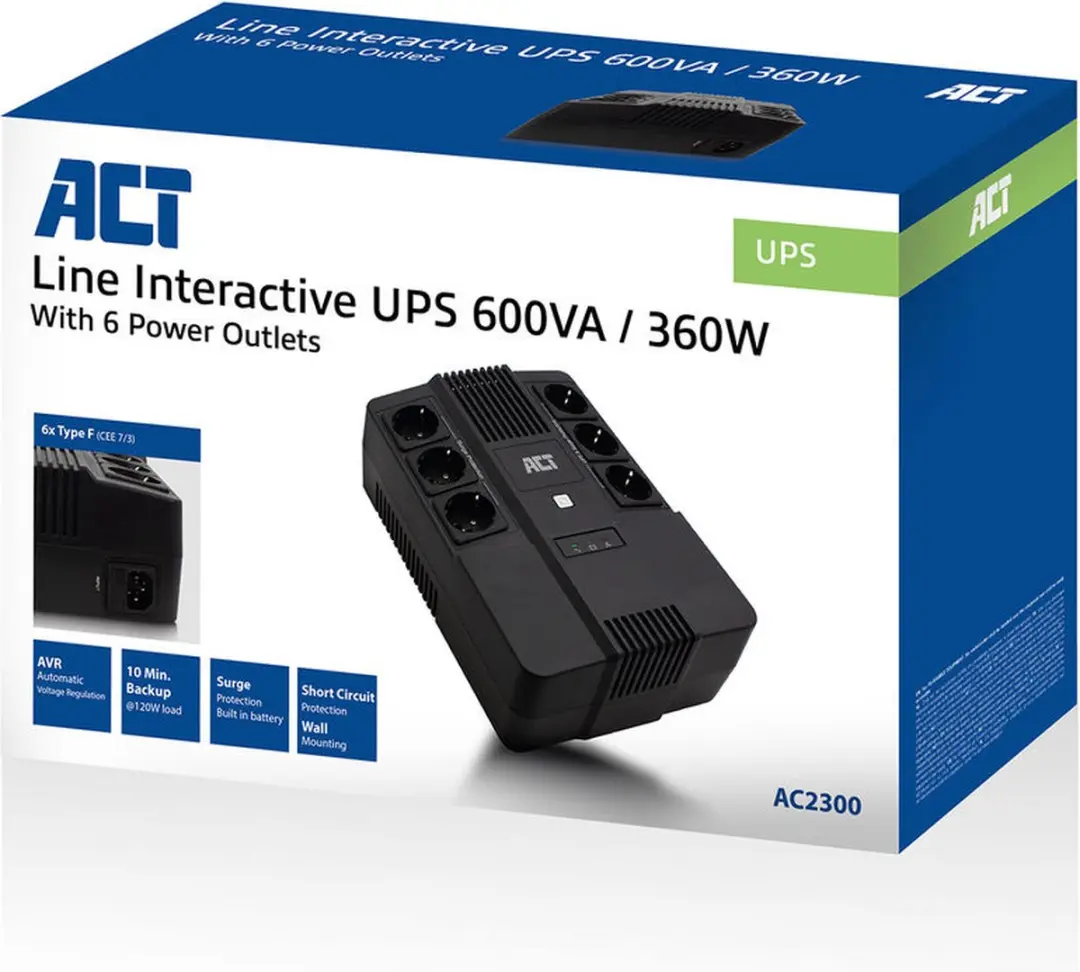 ACT UPS Noodstroom AC2300 600VA/360W - 6x Stopcontact - Line Interactive - Zwart