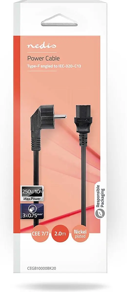 Nedis Stroomkabel Type F CEGB10000BK20 - 2m - Gehoekt