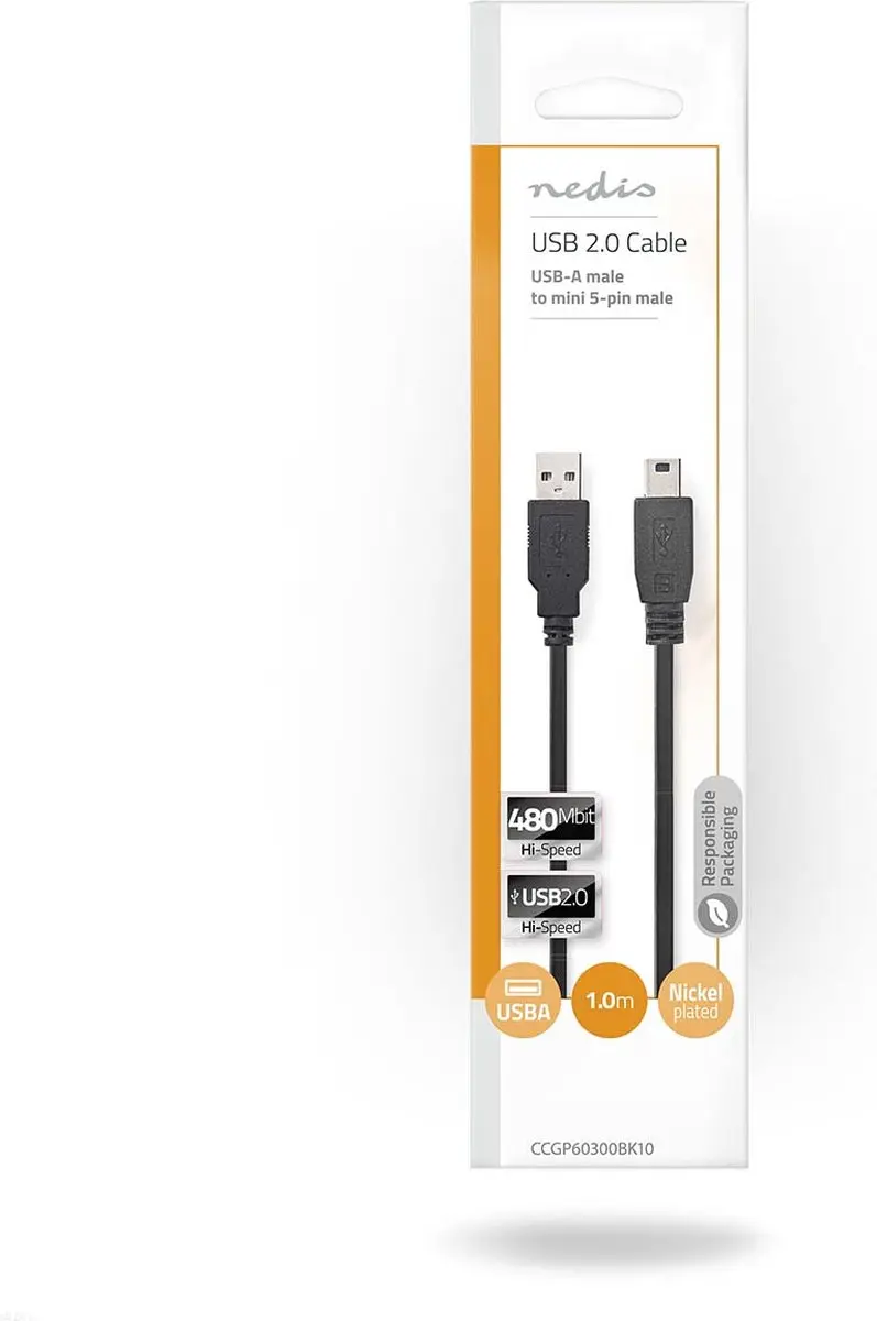 Nedis USB 2.0 Kabel A naar Mini-B 5-pins 1m - Zwart
