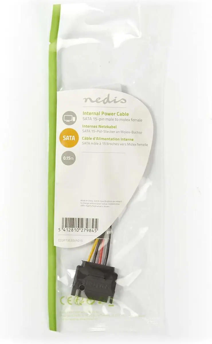 Nedis SATA 15-Pins Male naar Molex Voedingskabel 0.15m - Verguld - Multicolor