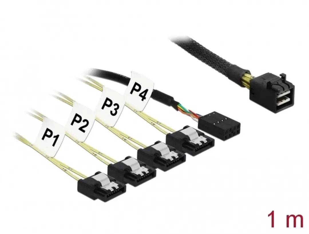 Delock Mini SAS HD SFF-8643 naar 4x SATA 7-pin Reverse + Sideband 1m