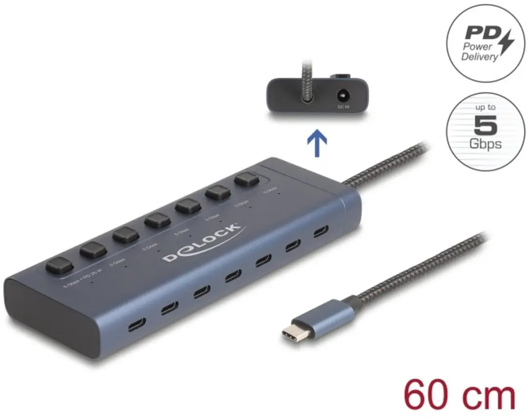 Delock USB 5Gbps Hub 7x Type-C - 6x Data + 1x PD 20W - Blauw
