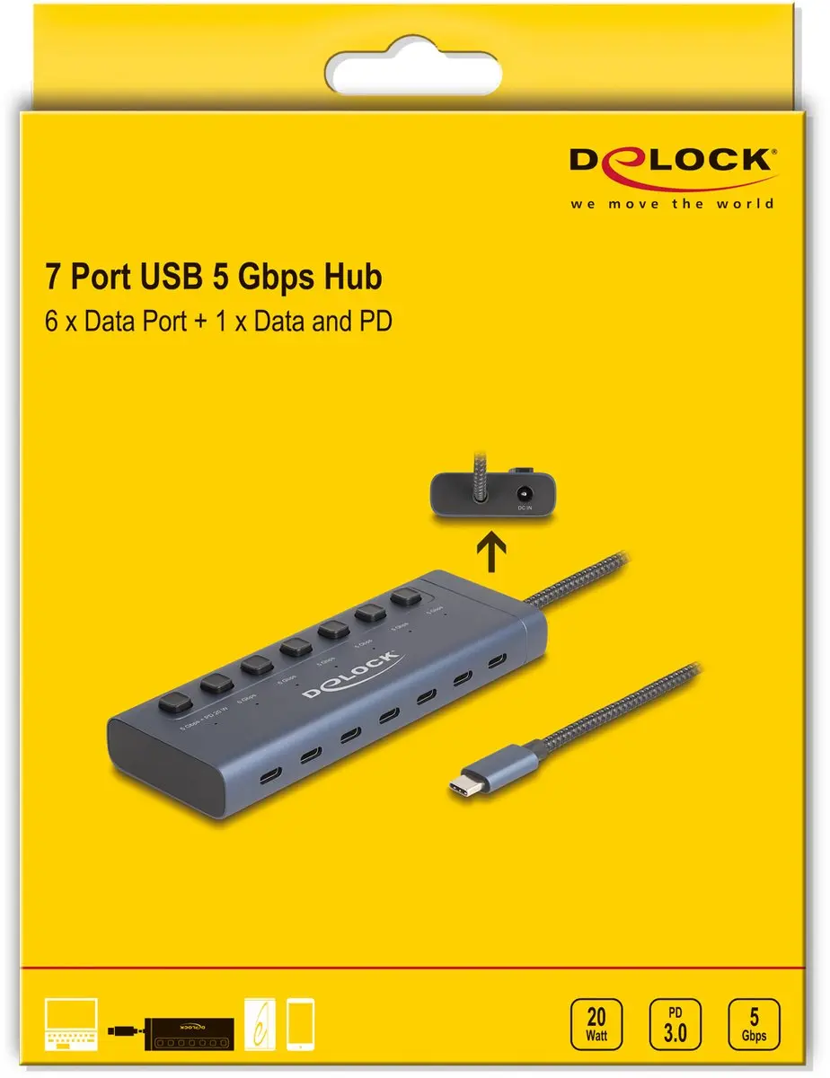Delock USB 5Gbps Hub 7x Type-C - 6x Data + 1x PD 20W - Blauw