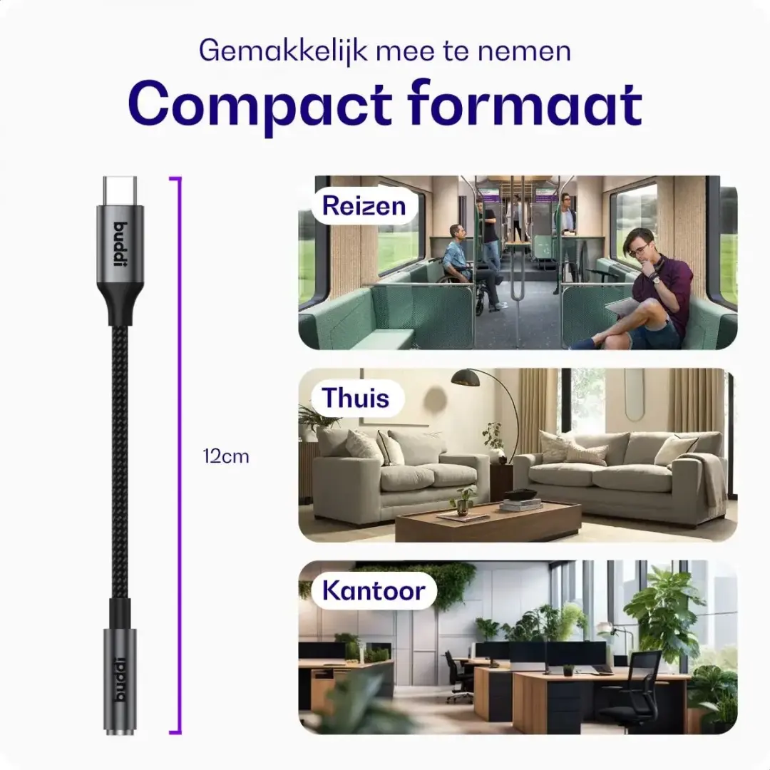 Buddi Ease 3.5mm naar USB-C Adapter - 16Bit/48kHz - Zwart