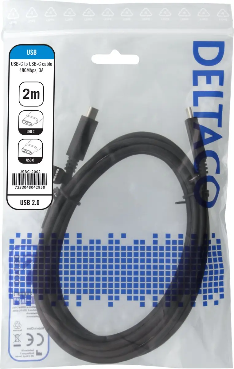 Deltaco USBC-2002M USB-C Opladerkabel 2m - 3A - Zwart