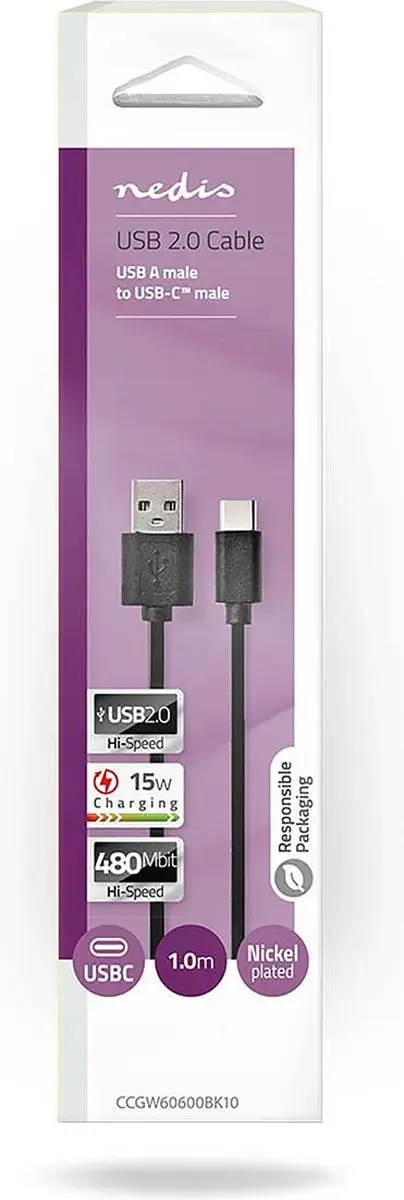 Nedis USB 2.0 USB-A naar USB-C Kabel 1m - Zwart