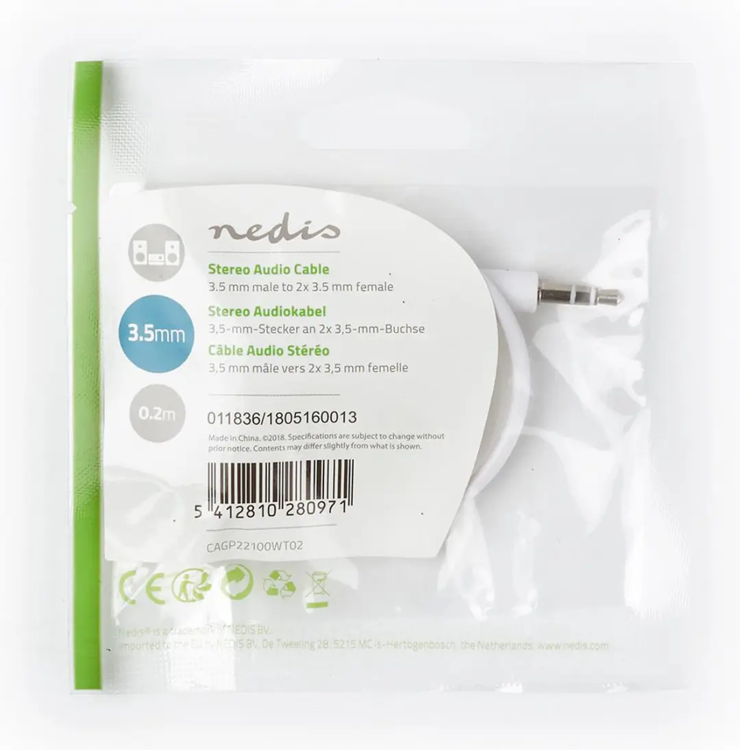 Nedis Stereo-Audiokabel 3,5mm M/F 2x - 0,20m - Wit