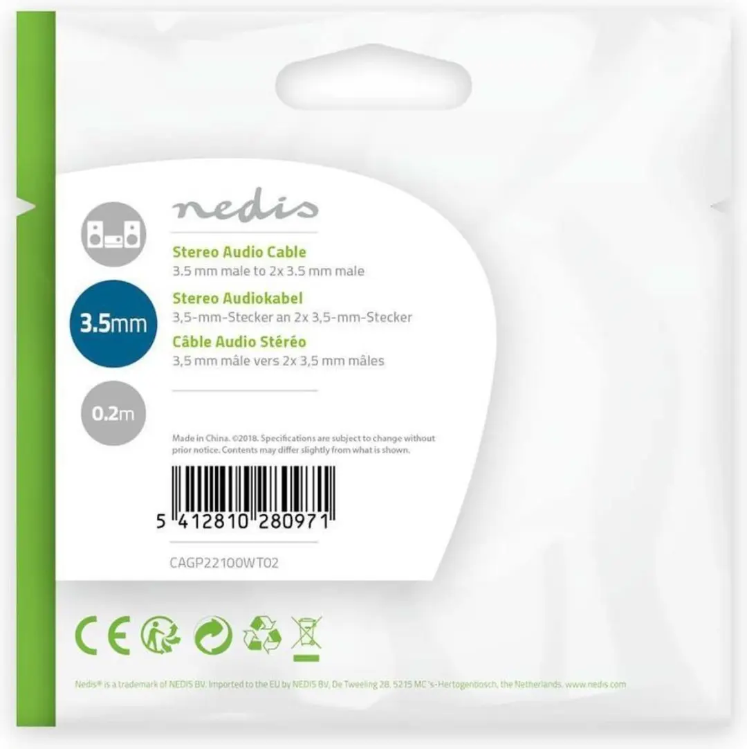 Nedis Stereo-Audiokabel 3,5mm M/F 2x - 0,20m - Wit